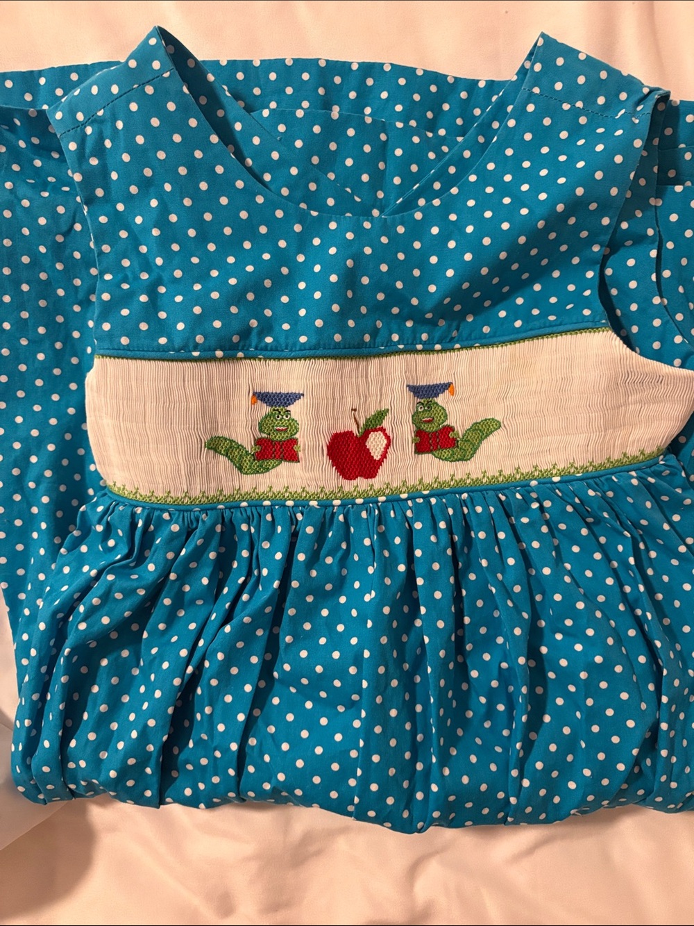 Turquoise Polka Dot Smocked Dress with Apple Embroidery
